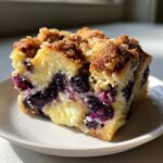 A close-up of a square slice of Blueberry French Toast Casserole with creamy filling and brown sugar streusel topping.