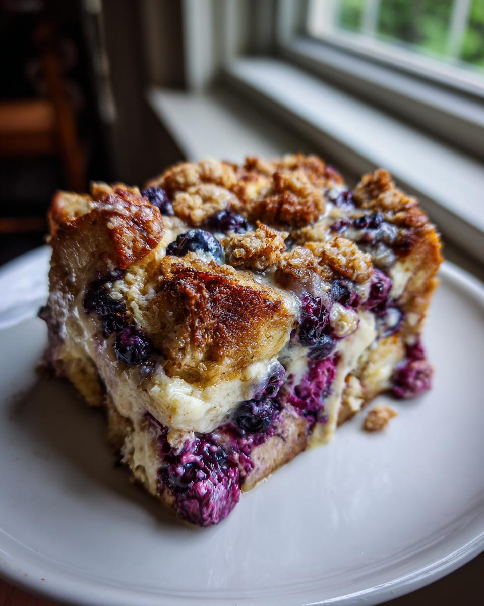 A close-up of a single serving of Blueberry French Toast Casserole with a creamy center and crunchy topping.