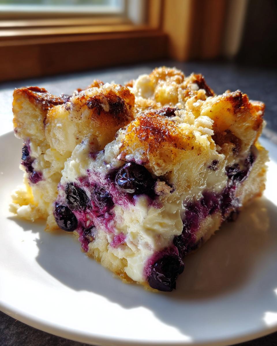 Close-up of a serving of Blueberry French Toast Casserole showing layers of bread, creamy filling, and bursting blueberries.