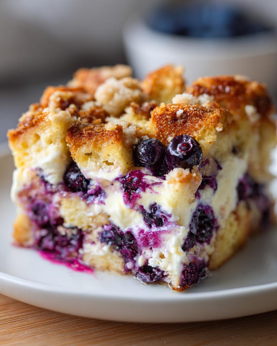 Close-up of a rich slice of Blueberry French Toast Casserole with visible layers of custard, blueberries, and streusel topping.