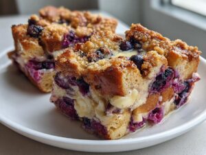 Two slices of rich Blueberry French Toast Casserole showing layers of bread, cream cheese filling, and baked blueberries.