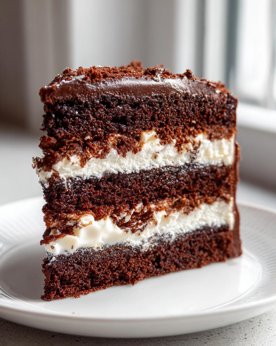 Close-up of a decadent slice of brownie refrigerator cake showing dark chocolate layers and white cream filling.