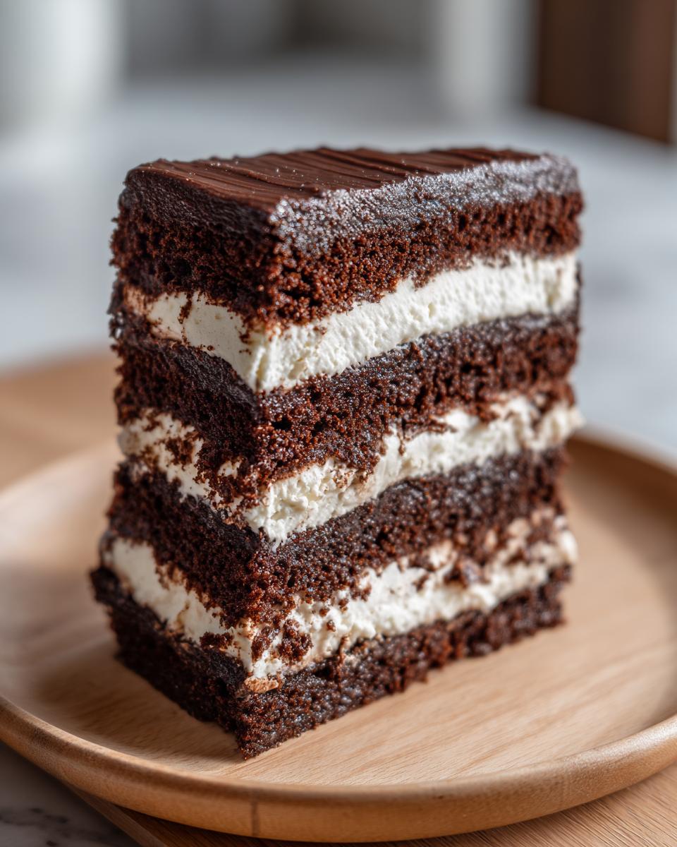 A tall slice of brownie refrigerator cake showing three layers of dark chocolate cake and two layers of white cream filling.