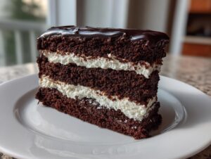 A tall, layered slice of brownie refrigerator cake with dark chocolate cake and white cream filling, topped with ganache.
