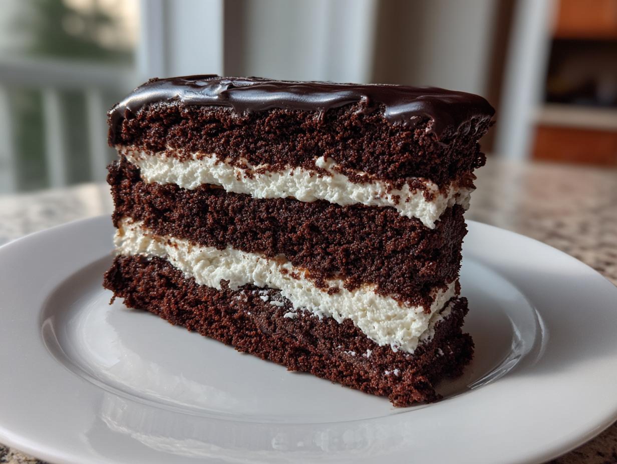 A tall, layered slice of brownie refrigerator cake with dark chocolate cake and white cream filling, topped with ganache.