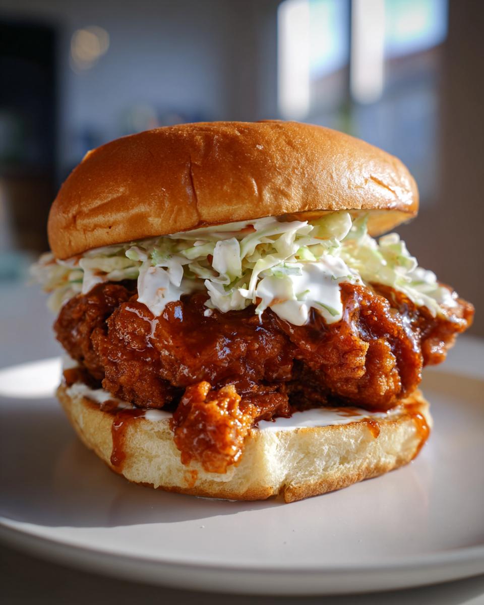 Close-up of a juicy buffalo chicken sandwich featuring a crispy fried patty, buffalo sauce, and coleslaw on a brioche bun.