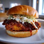 A close-up of a crispy, sauce-covered buffalo chicken sandwich topped with creamy coleslaw on a brioche bun.