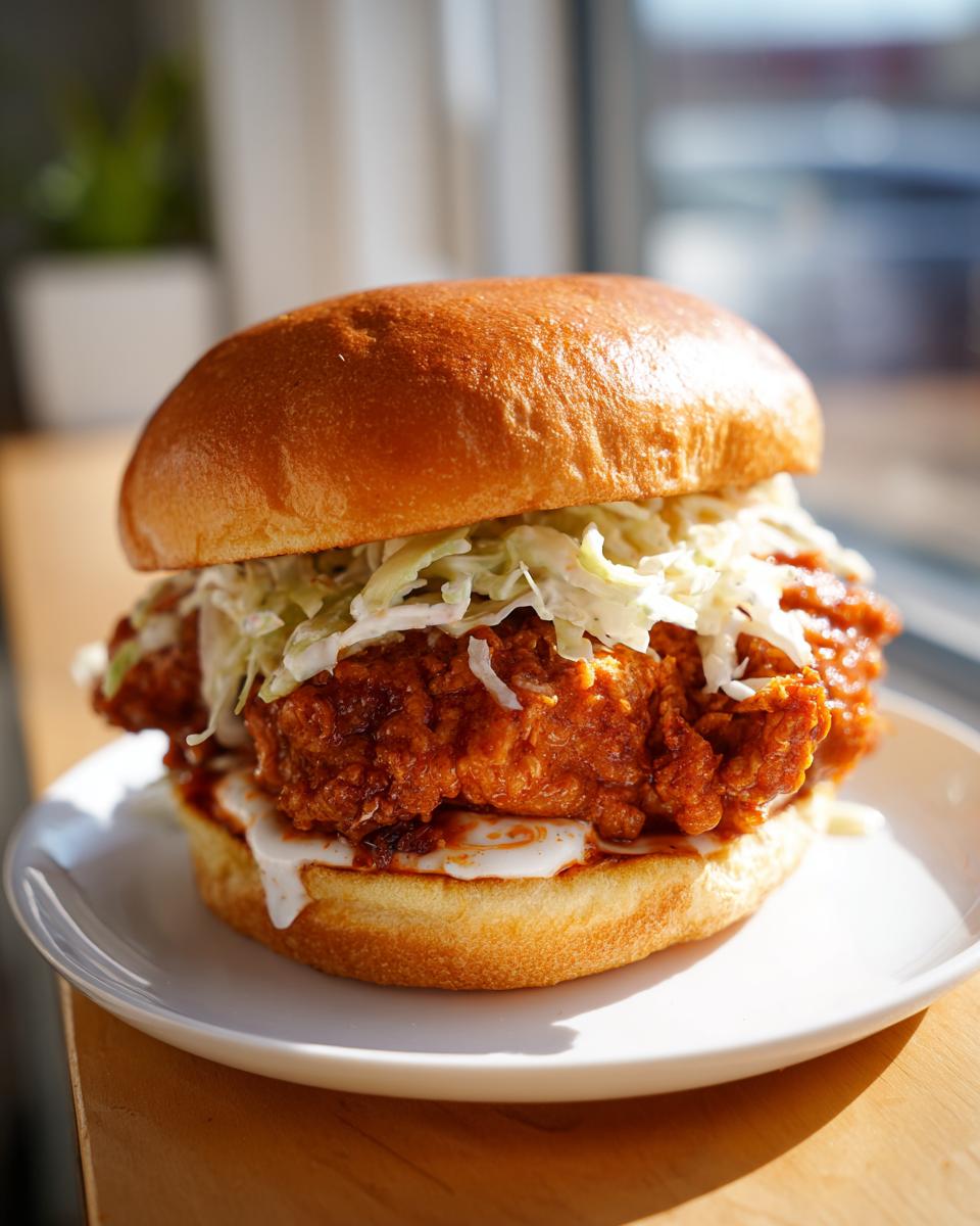 A close-up of a juicy buffalo chicken sandwich with crispy fried chicken, creamy sauce, and coleslaw on a toasted bun.