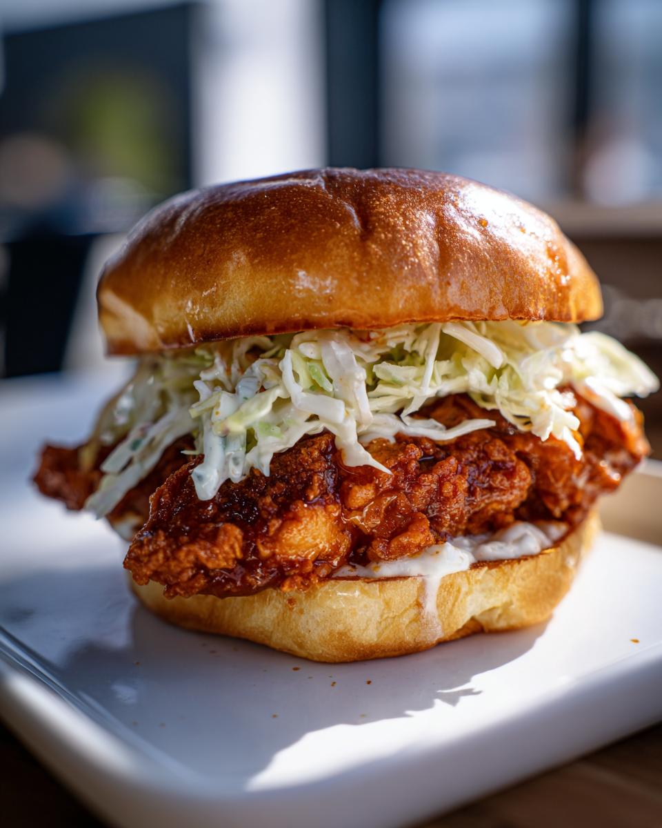 Close-up of a juicy buffalo chicken sandwich featuring a crispy fried patty, creamy coleslaw, and a brioche bun.