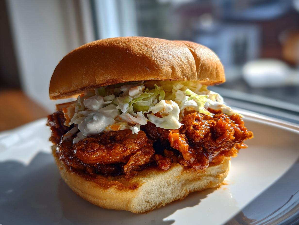 A close-up of a juicy buffalo chicken sandwich topped with creamy coleslaw on a brioche bun.