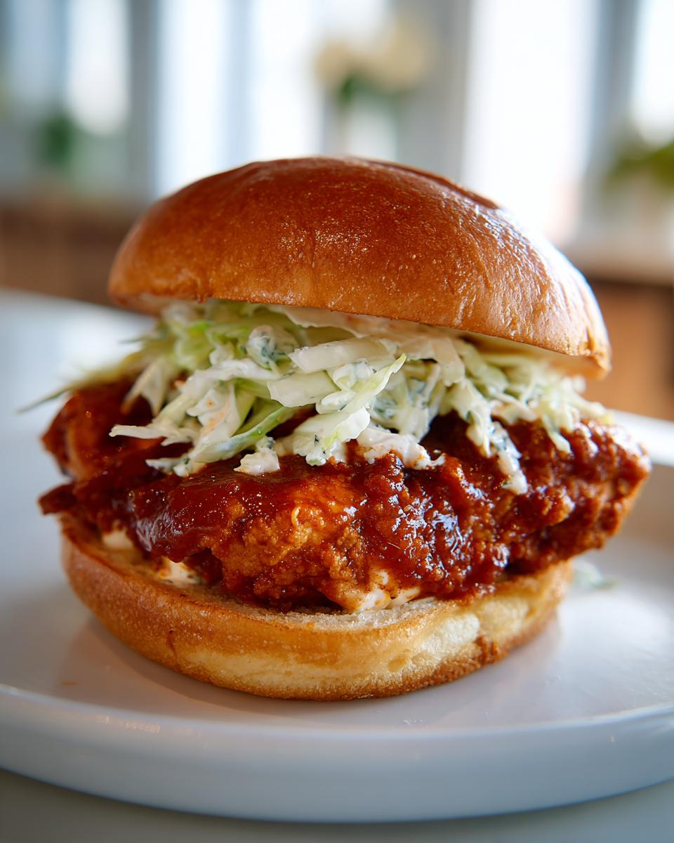 Close-up of a juicy buffalo chicken sandwich topped with tangy coleslaw on a brioche bun.