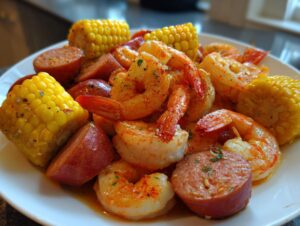 Close-up of seasoned shrimp, sliced smoked sausage, and corn on the cob served together for a shrimp boil.
