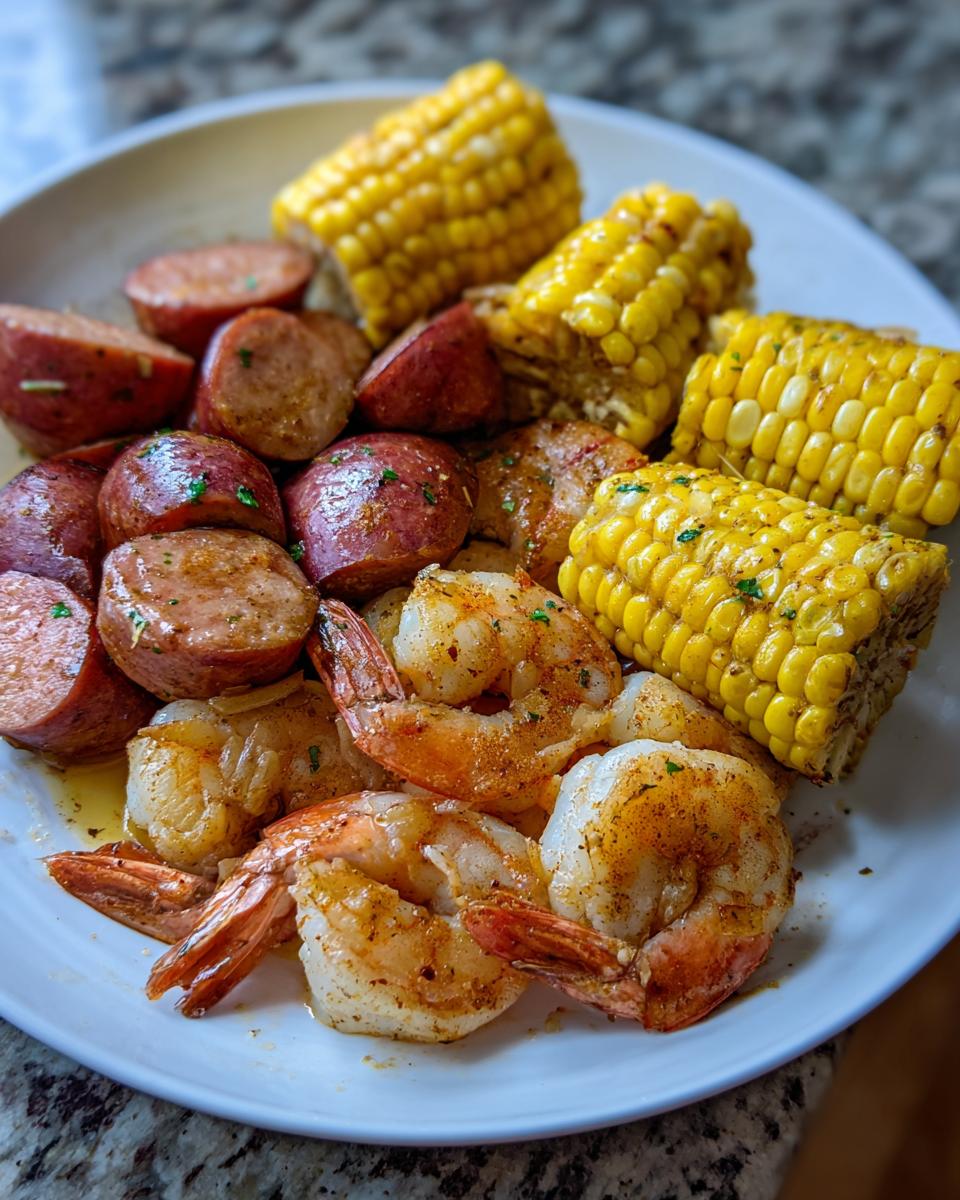 A plate featuring seasoned shrimp, sliced sausage, red potatoes, and corn cobs from a Cajun shrimp boil.