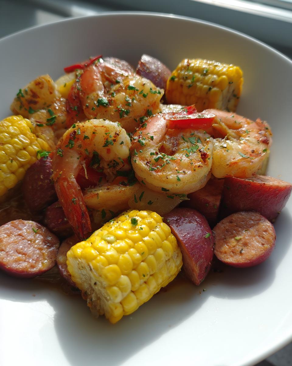 Close-up of a bowl filled with seasoned shrimp, corn on the cob pieces, red potatoes, and sliced sausage from a shrimp boil.