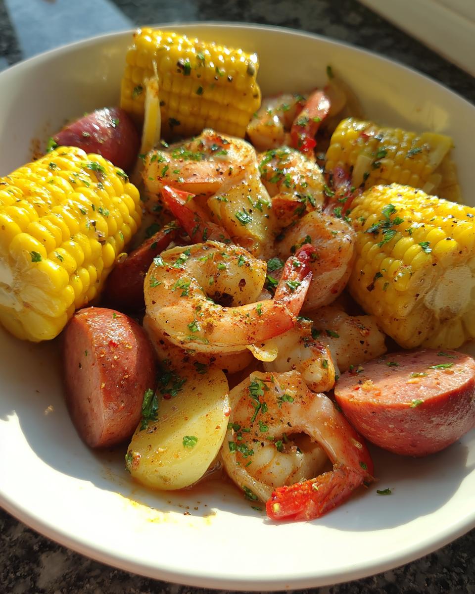 Close-up of a bowl containing seasoned shrimp, corn on the cob pieces, potatoes, and sliced smoked sausage from a shrimp boil.