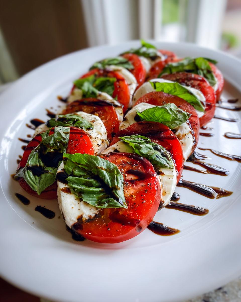 Close-up of a beautifully arranged caprese salad with sliced tomatoes, mozzarella, and fresh basil, drizzled with balsamic glaze.
