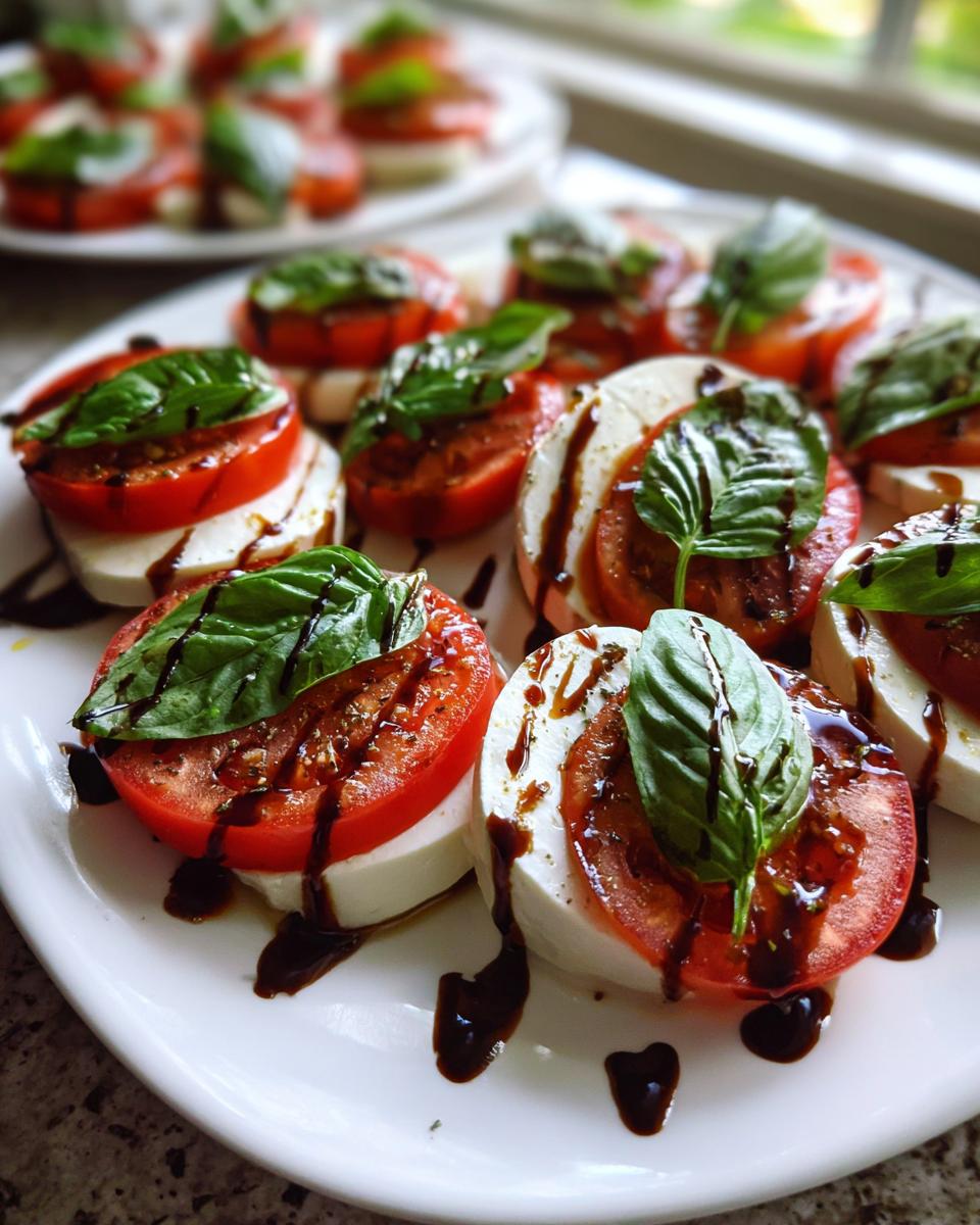 Close-up of fresh caprese salad bites featuring stacked tomato, mozzarella, basil, and drizzled with balsamic glaze.