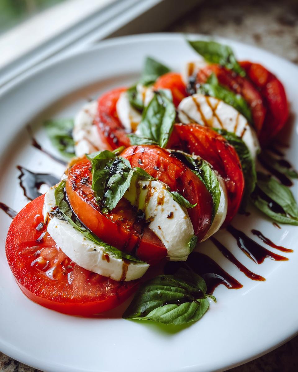 Close-up of a beautifully arranged caprese salad featuring sliced tomatoes, mozzarella, and basil drizzled with balsamic glaze.