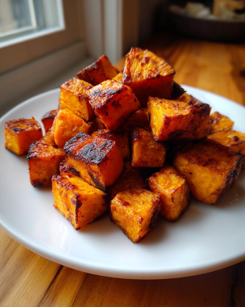 A pile of perfectly caramelized roasted sweet potato cubes on a white plate, showing crispy edges.