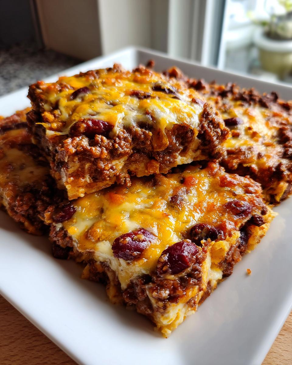 Close-up of baked squares of frito pie topped with melted cheddar cheese and visible kidney beans.