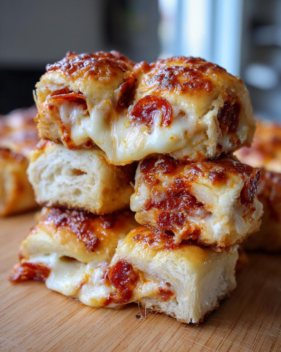 A stack of four gooey, cheesy pepperoni pizza sliders showing melted mozzarella cheese and browned tops.