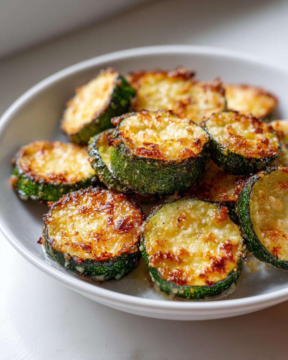 A white bowl filled with perfectly browned, cheesy roasted zucchini slices, ready to eat.