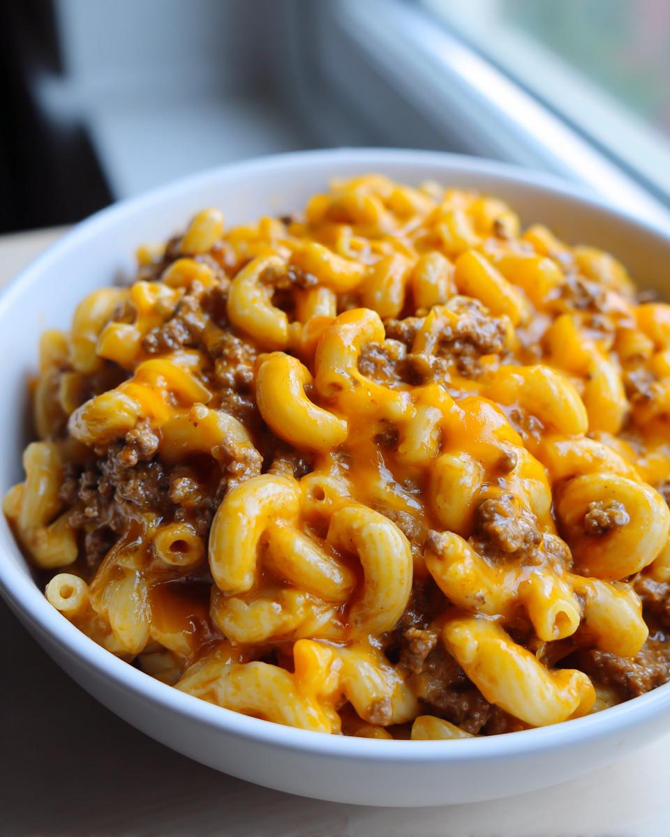Close-up of a white bowl filled with cheesy taco pasta featuring elbow macaroni and seasoned ground beef.