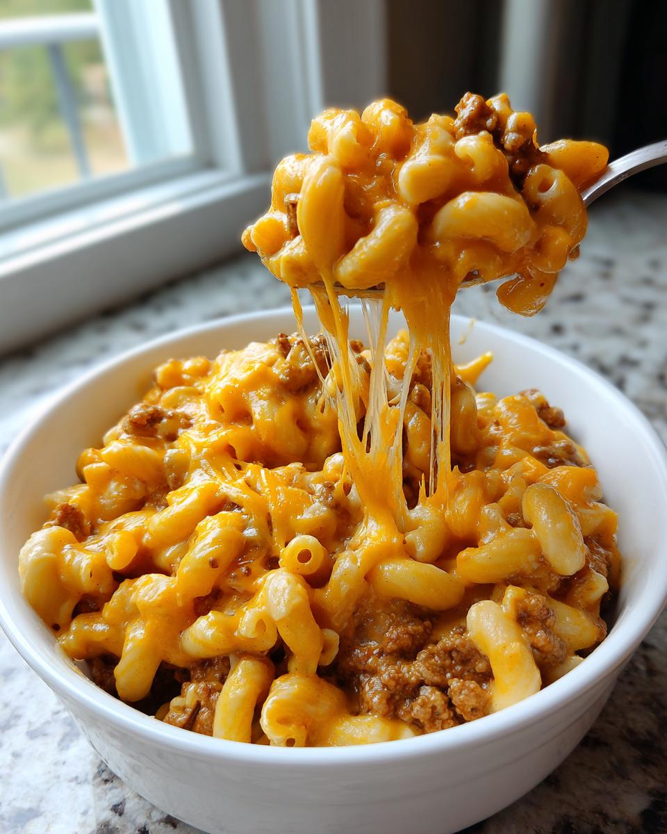 A spoonful of cheesy taco pasta lifted from a bowl, showing long, gooey cheese pulls over macaroni and ground beef.