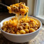 A spoonful of cheesy taco pasta is lifted from a white bowl, showing long, gooey cheese pulls and ground beef.