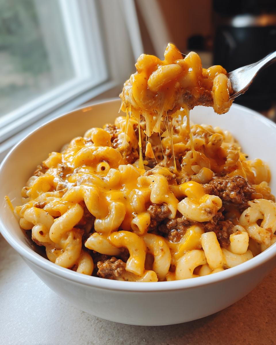 A fork lifting a bite of cheesy taco pasta, showing long cheese pulls over macaroni and seasoned ground beef.