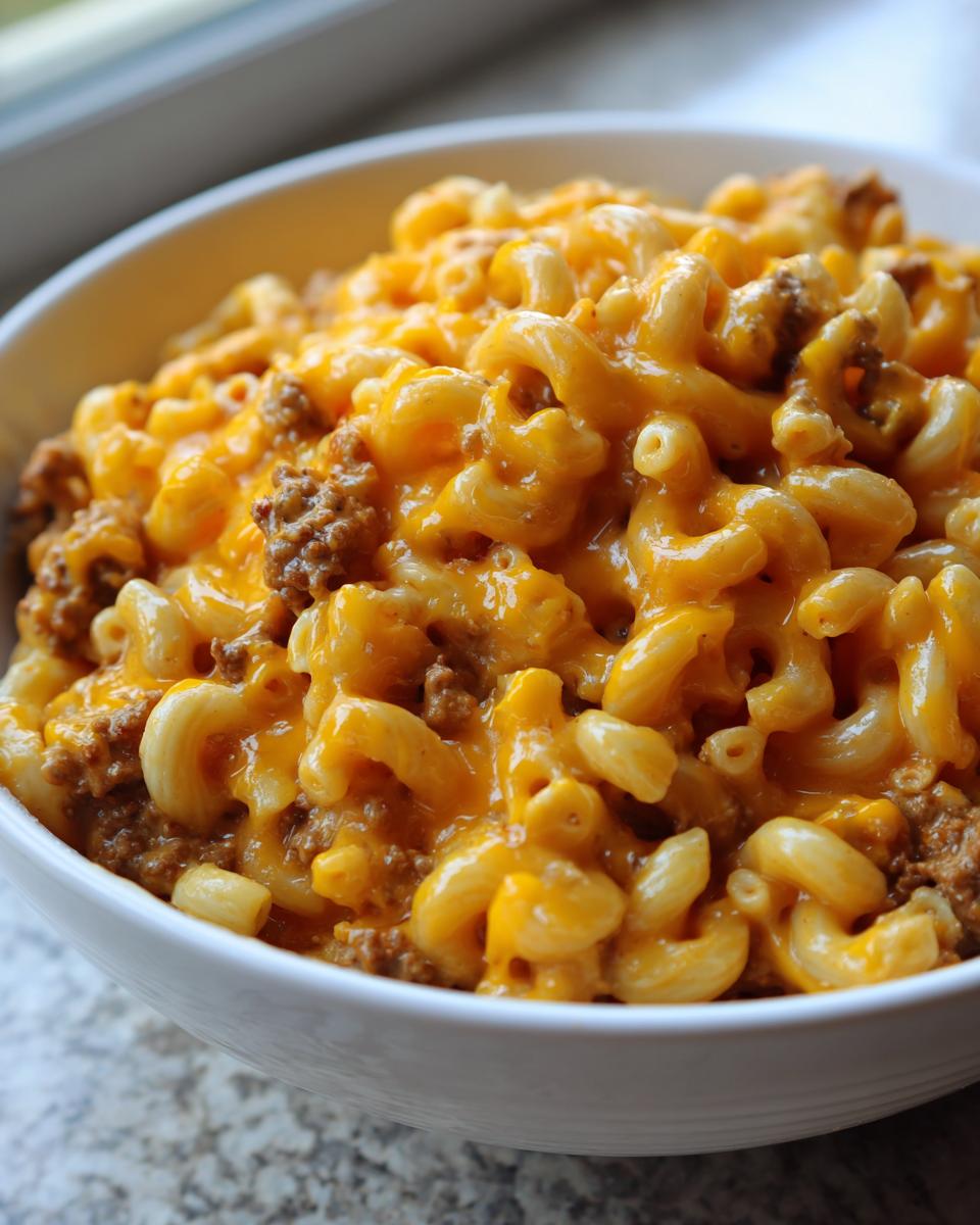 A close-up view of a white bowl filled with creamy, cheesy taco pasta mixed with ground beef.
