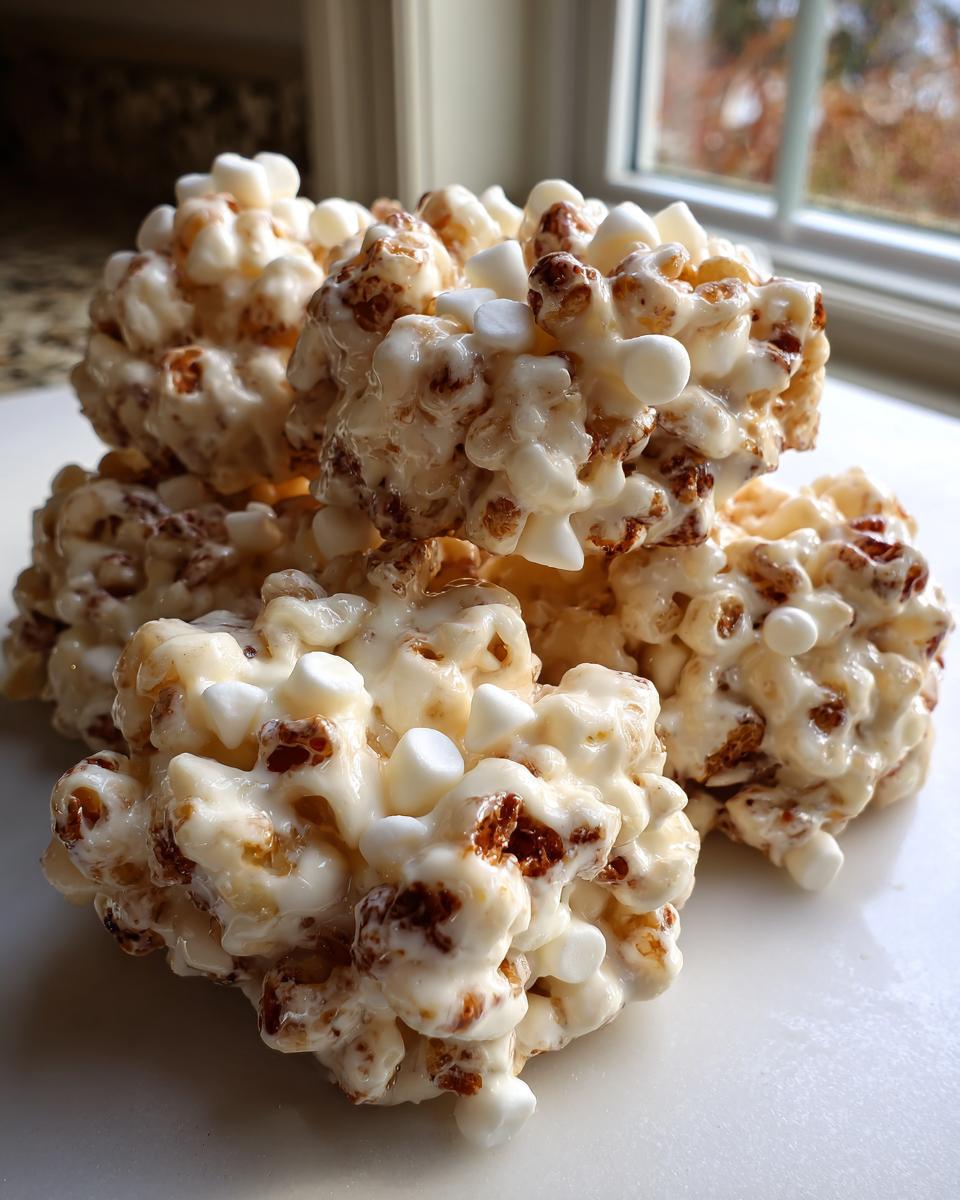 A stack of homemade avalanche cookies coated in white chocolate and mini marshmallows, showing their bumpy texture.