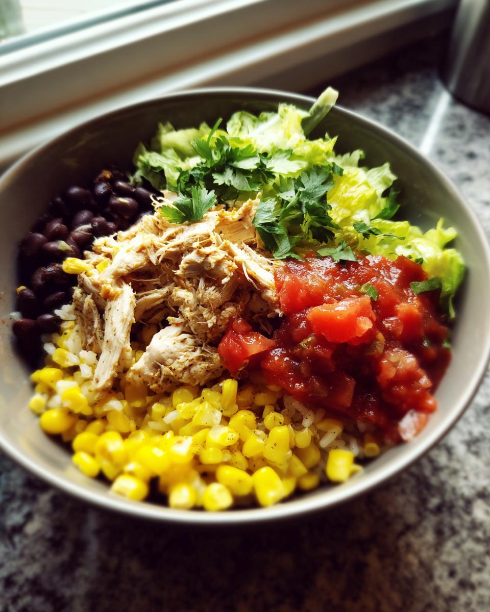 A vibrant chicken burrito bowl featuring shredded chicken, black beans, corn, rice, salsa, and lettuce.