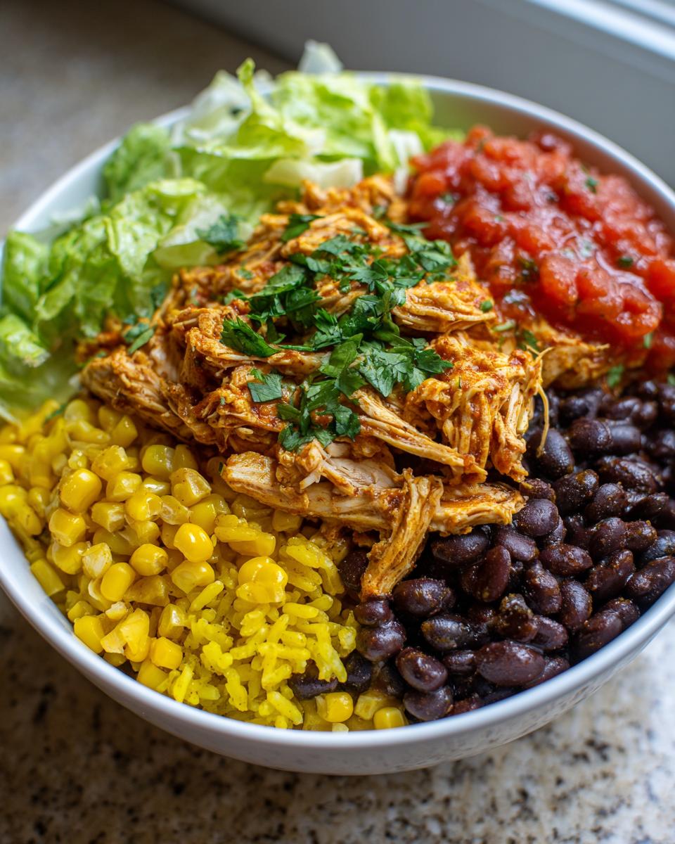 Close-up of a delicious chicken burrito bowl featuring shredded seasoned chicken, yellow rice, black beans, corn, salsa, and lettuce.