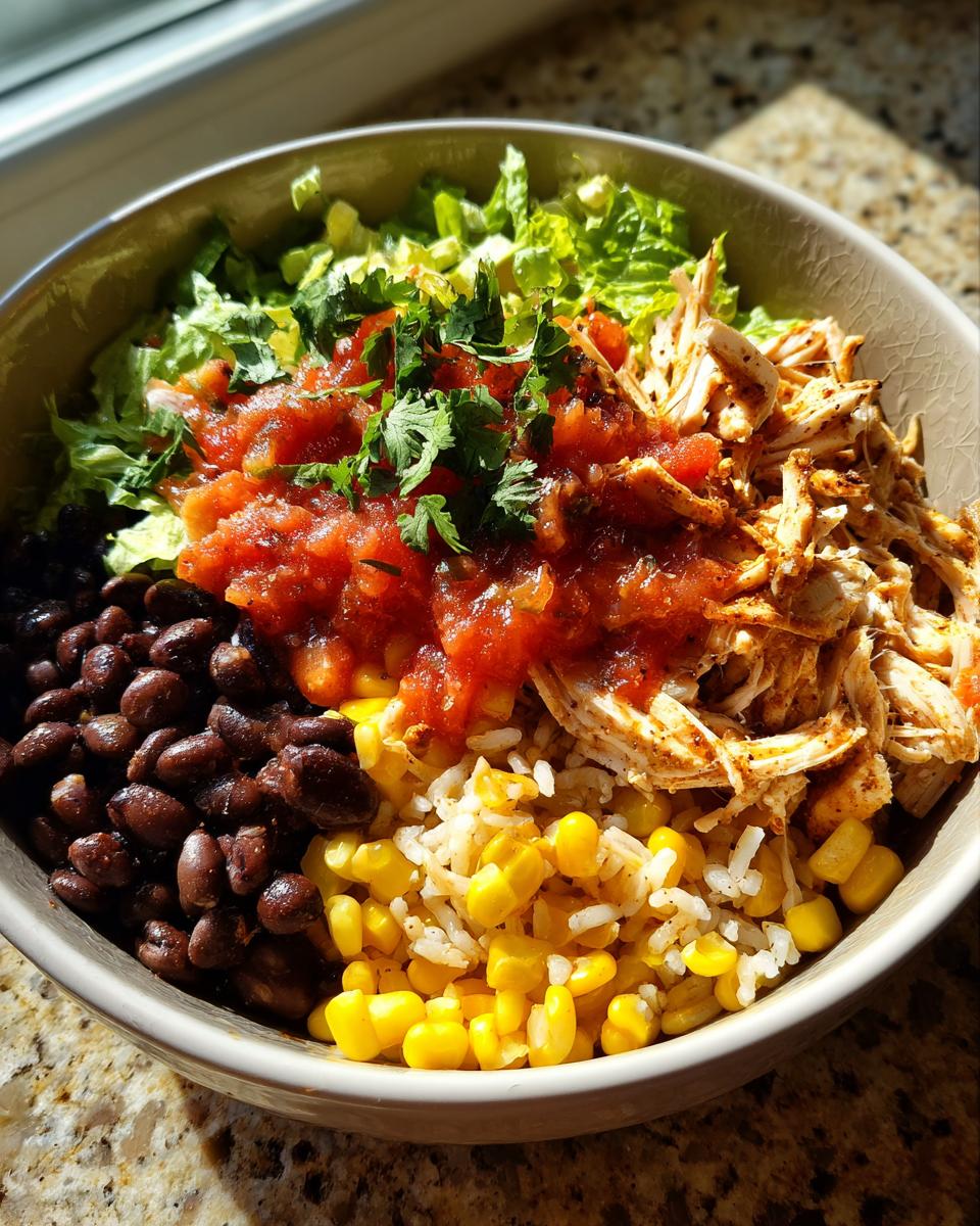 A vibrant bowl featuring shredded chicken, black beans, corn, rice, salsa, and lettuce for a perfect chicken burrito bowl.