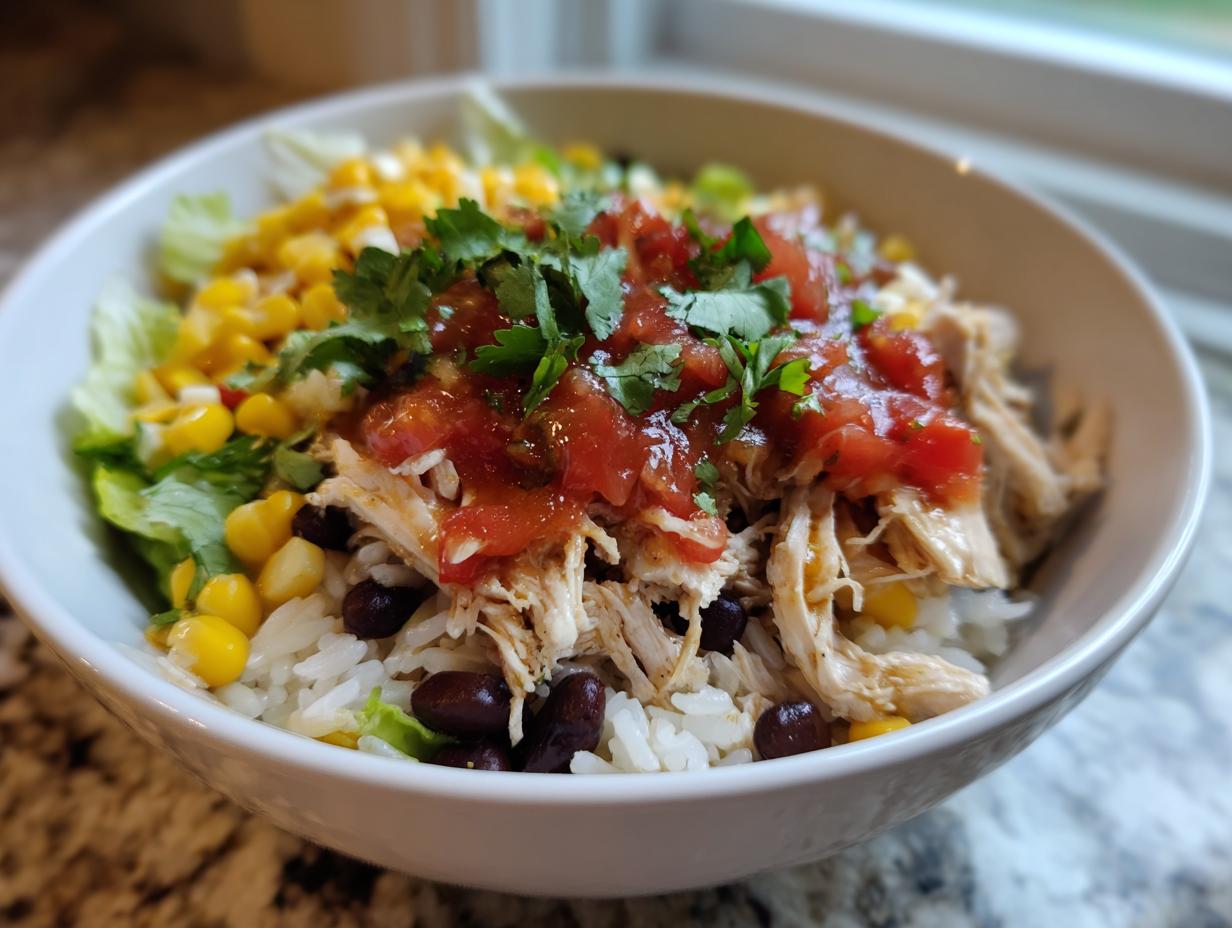 A close-up of a white bowl filled with a delicious chicken burrito bowl, featuring shredded chicken, rice, black beans, corn, and salsa.