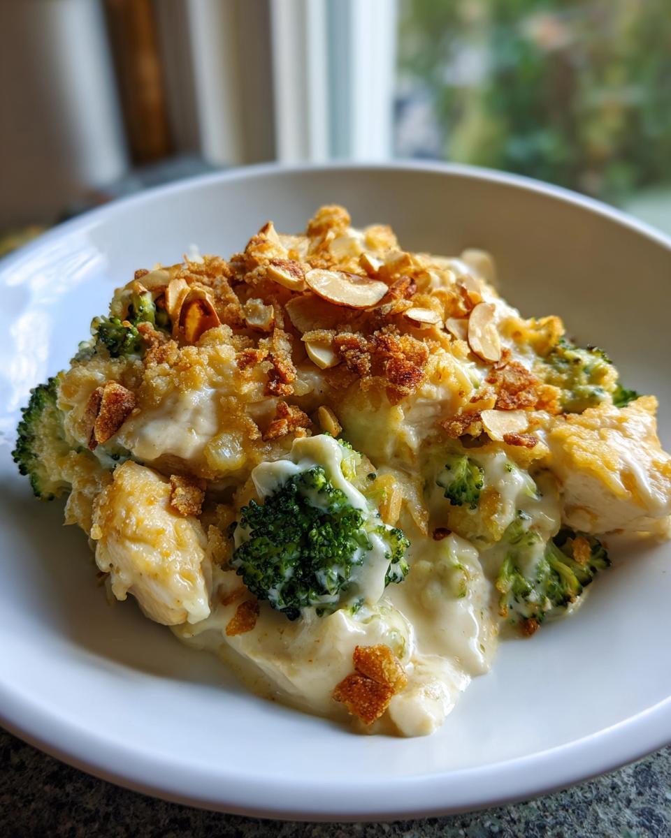 A close-up serving of creamy Chicken Divan featuring chunks of chicken and bright green broccoli florets topped with toasted almonds.