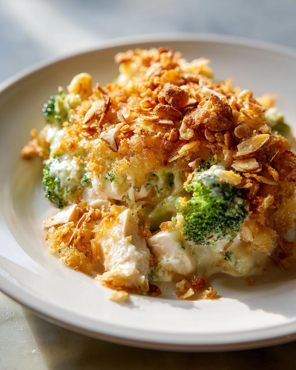 A close-up of a serving of Chicken Divan featuring creamy sauce, broccoli florets, chicken pieces, and a crunchy toasted almond topping.