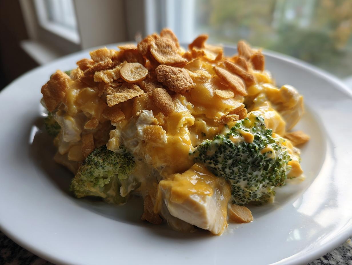A close-up serving of creamy Chicken Divan featuring chunks of chicken, broccoli florets, and a cheesy sauce topped with crushed cornflakes.