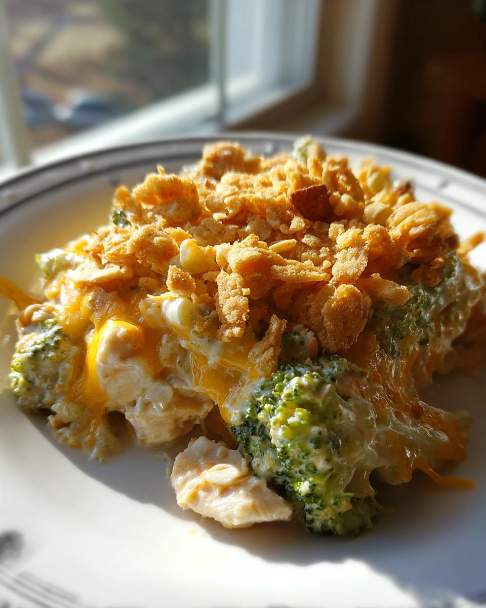 A close-up serving of Chicken Divan featuring creamy sauce, broccoli florets, chicken pieces, and a crunchy topping.