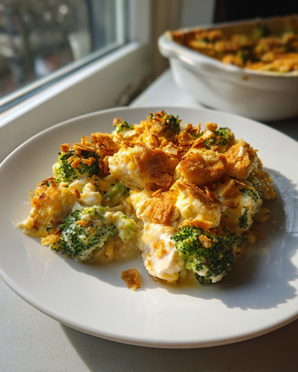 A portion of creamy Chicken Divan with bright green broccoli florets and a golden, crunchy topping on a white plate.