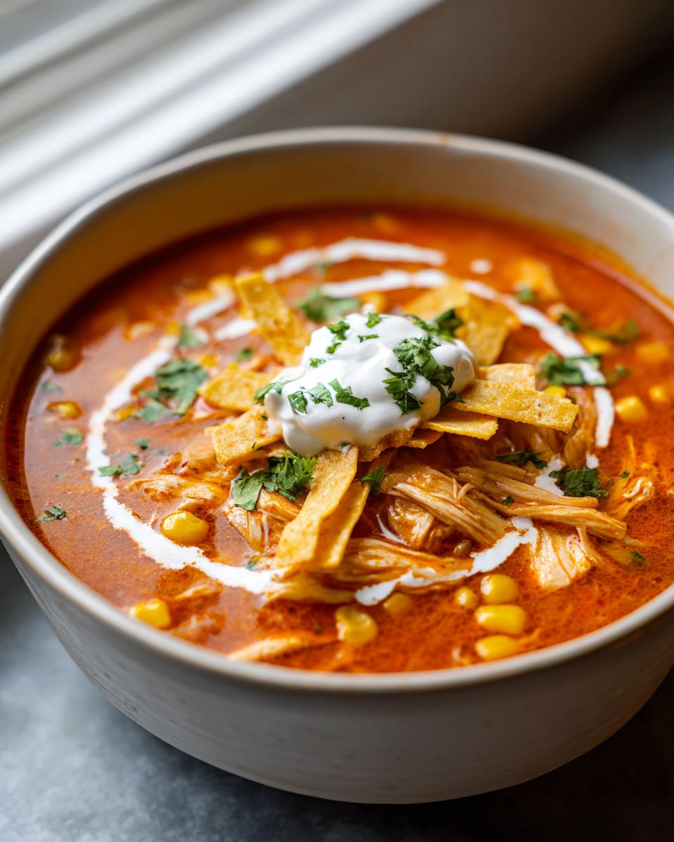 Close-up of a bowl of rich, red chicken tortilla soup topped with shredded chicken, corn, tortilla strips, and sour cream.