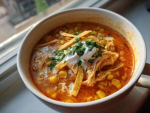 Close-up of a steaming bowl of rich, red chicken tortilla soup topped with shredded chicken, corn, sour cream, and cilantro.