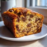 A golden-brown loaf of moist chocolate banana bread packed with chocolate chips, sitting on a white plate.