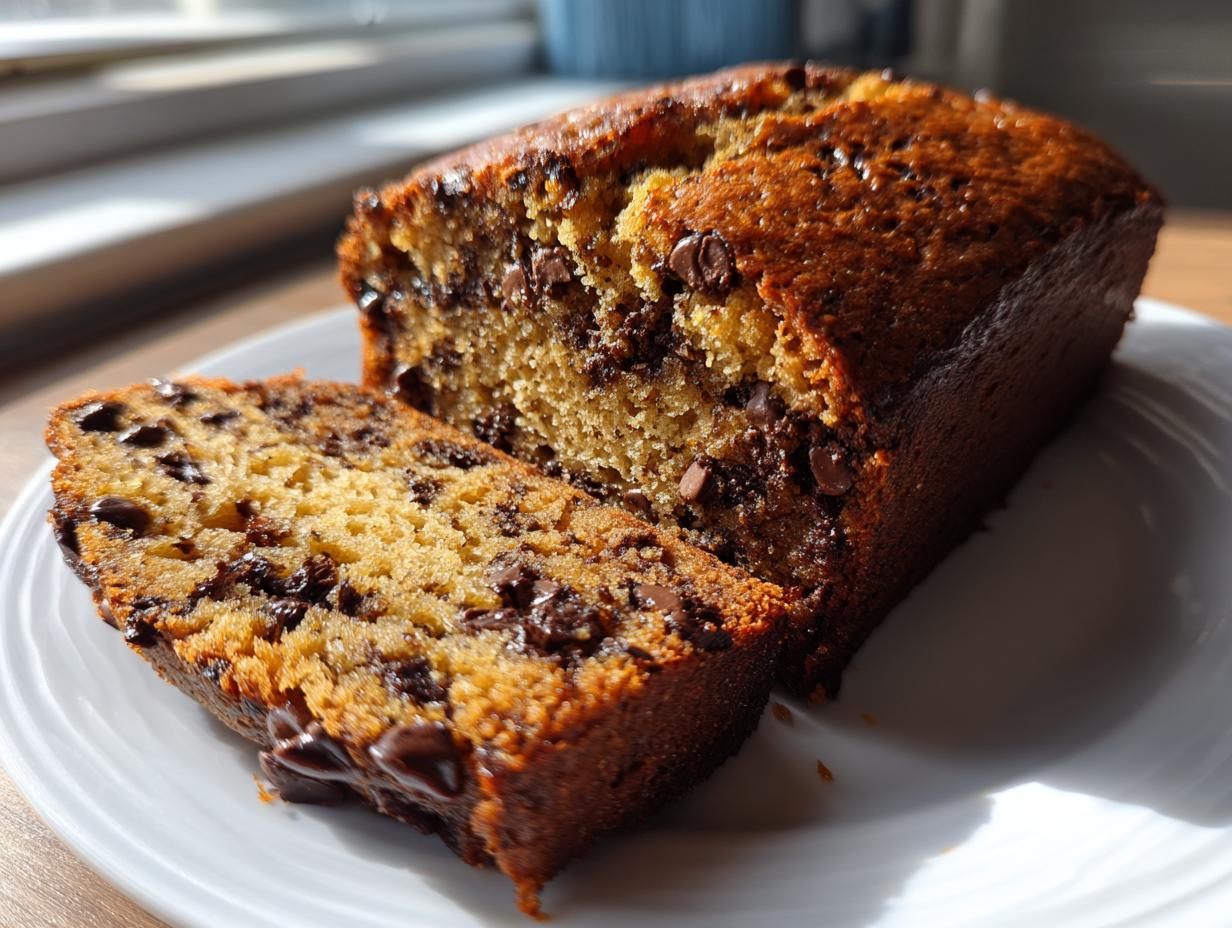 A close-up of a freshly baked chocolate banana bread loaf with one slice cut and resting beside it on a white plate.