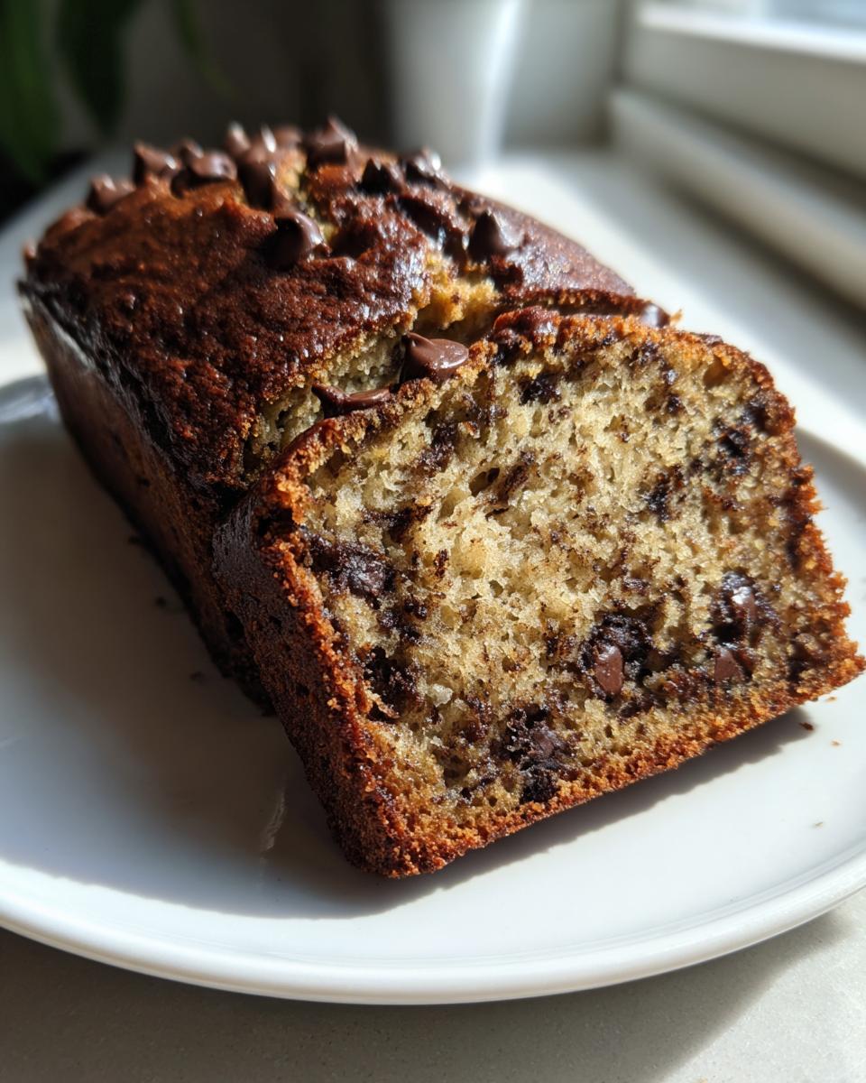 A close-up of a slice cut from a loaf of moist chocolate banana bread topped with melted chocolate chips.