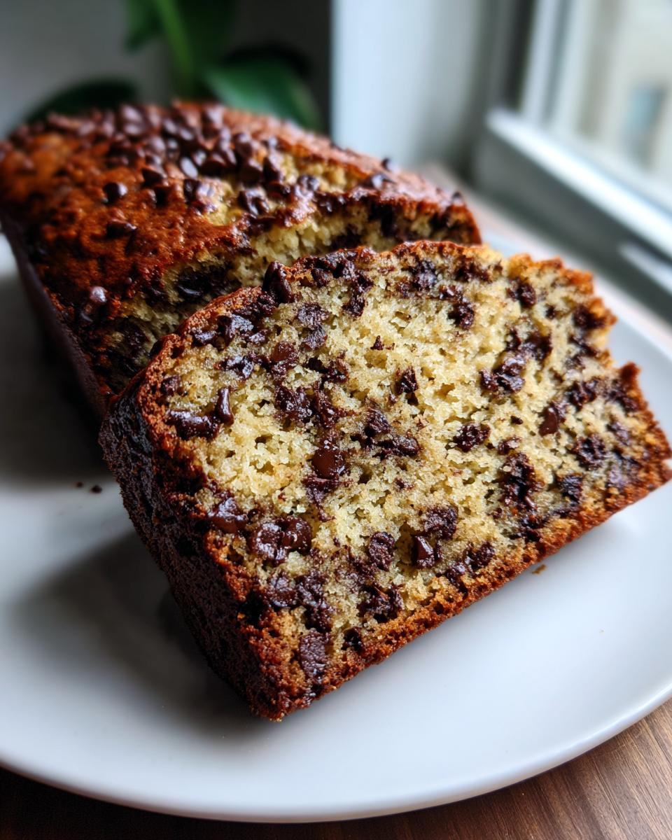 Close-up of a thick slice of moist chocolate banana bread loaded with chocolate chips.