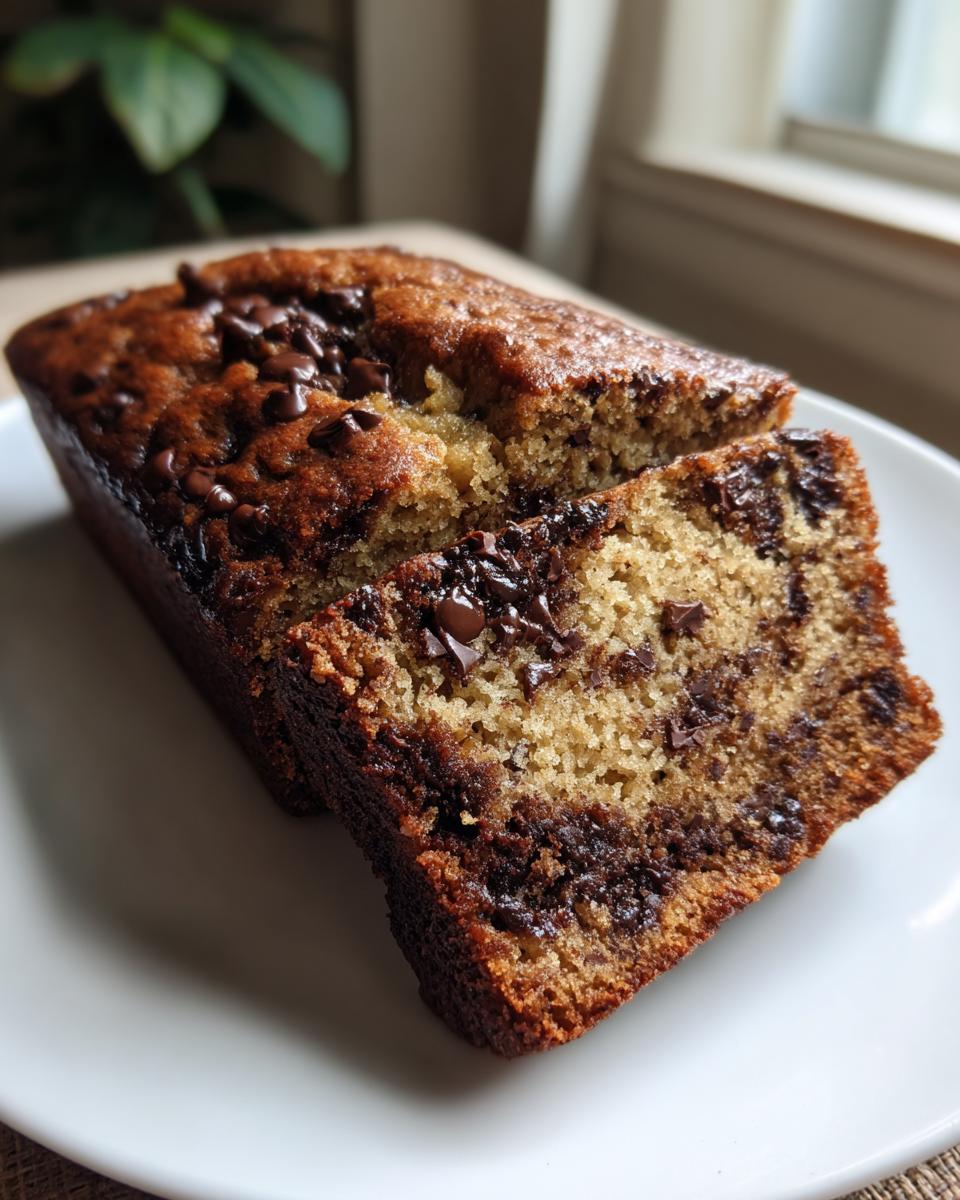 A loaf of moist chocolate banana bread, sliced to show the interior texture and chocolate chips.