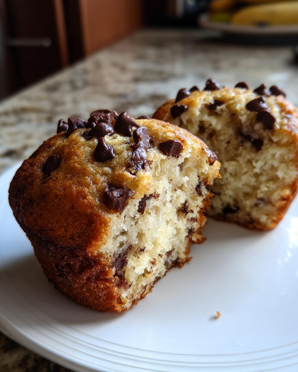 Close-up of a chocolate chip banana muffin cut in half showing the moist interior.