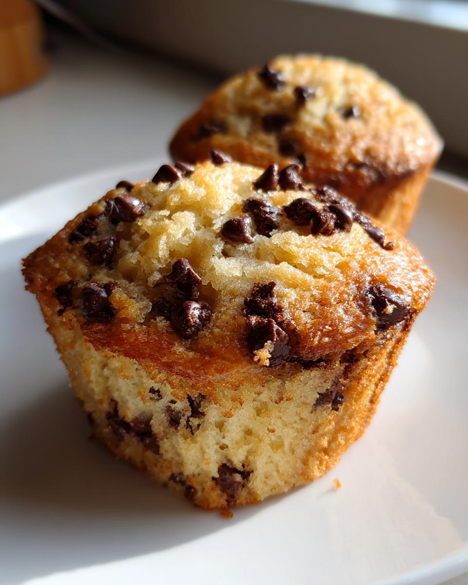 Close-up of two freshly baked chocolate chip banana muffins sitting on a white plate.